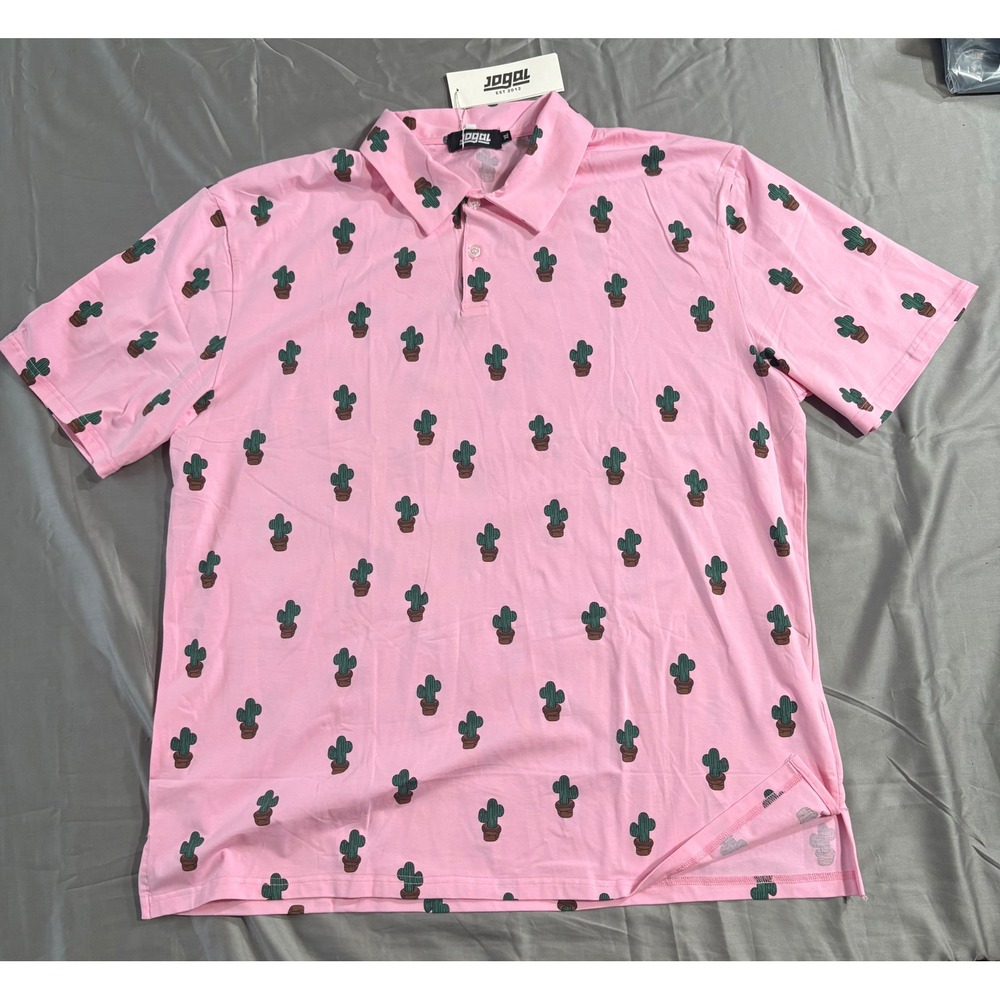 Jogal Mens XL Pink Cactus Print Short Sleeve Polo Shirt Cotton Spandex New